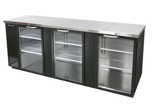 Back Bar - 3 Glass Doors Back Bar Cooler, Black Finish Exterior, 90"W x 27"D, R-290 Refrigerant, Blue Air-FSE